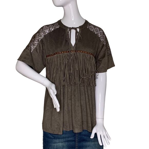 Umgee Fringe Top Short Sleeve Gray Pullover Tie on Neck Size S - Picture 1 of 9